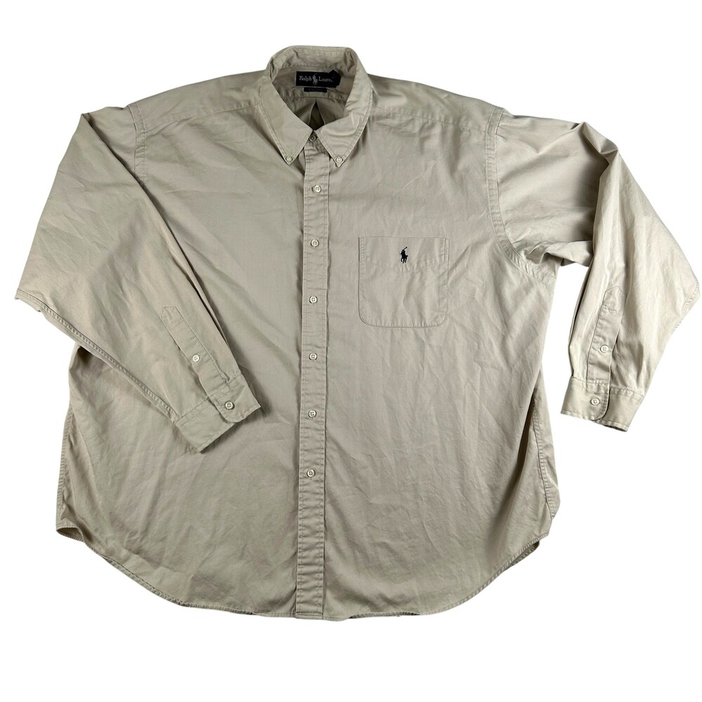 Vintage Ralph Lauren Shirt Mens 2XL Tan Big Shirt Button Down Long Sleeve Pocket